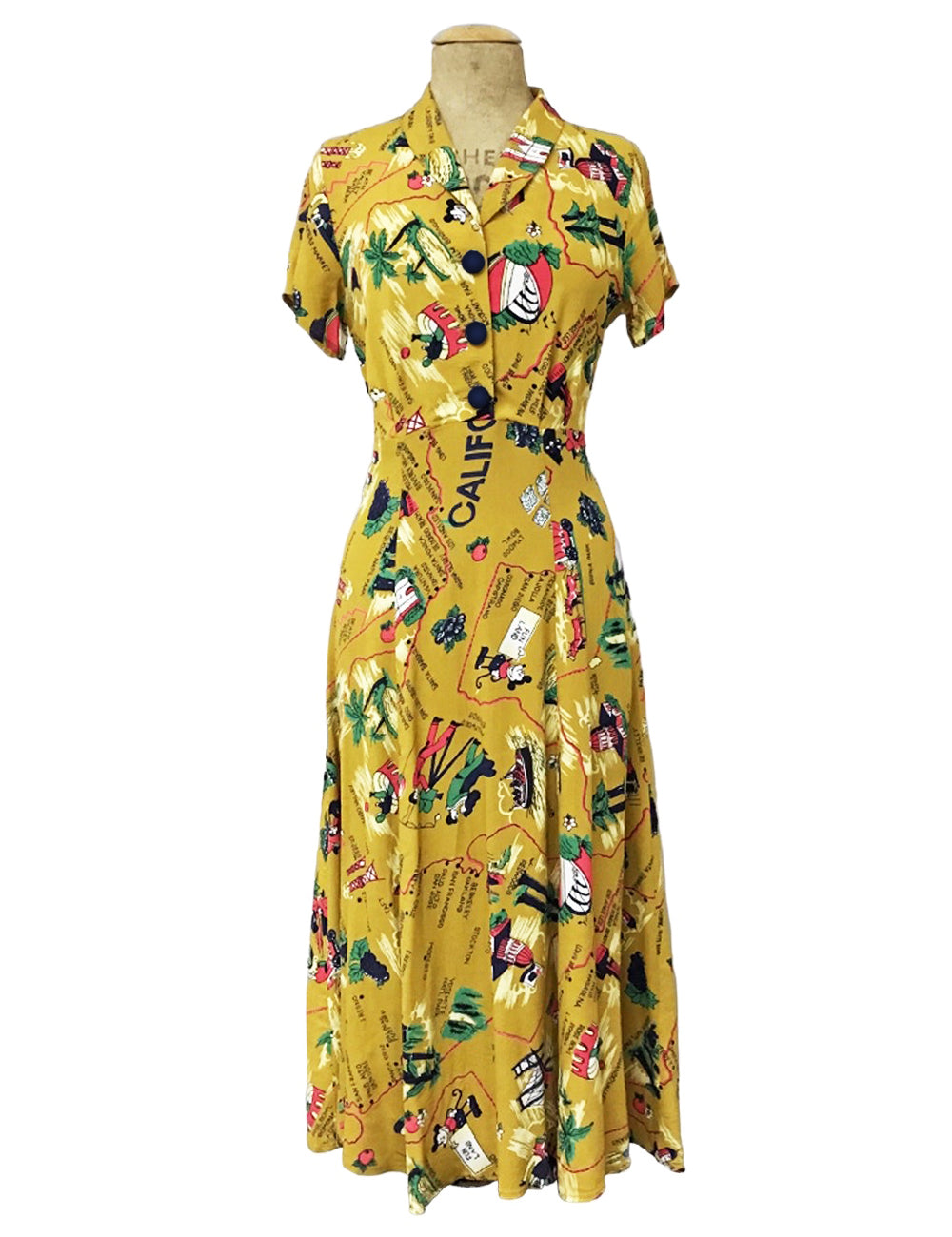 1940s Style Mustard Yellow California Map Print Tea Length Day Dress