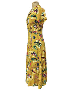 1940s Style Mustard Yellow California Map Print Tea Length Day Dress