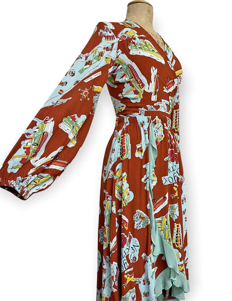 FINAL SALE - Cinnamon New York City Souvenir Print Faux Ruffle Wrap Barcelona Skirt
