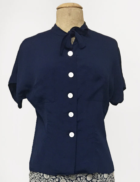 Navy Blue 1940s Style Amanda Tie Blouse - FINAL SALE
