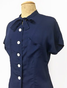 Navy Blue 1940s Style Amanda Tie Blouse - FINAL SALE