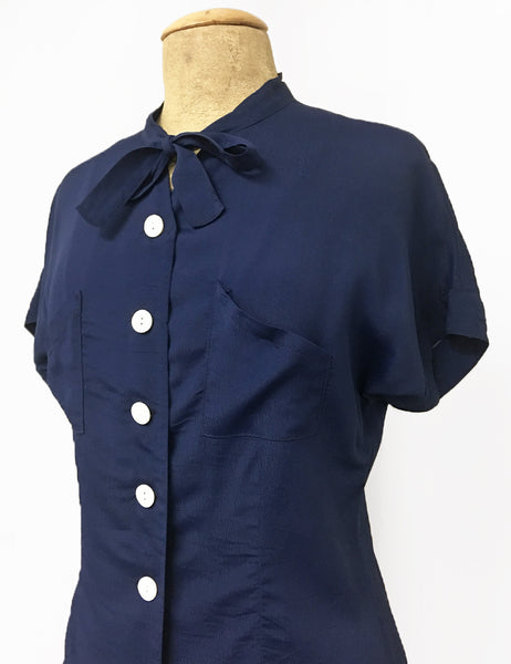 Navy Blue 1940s Style Amanda Tie Blouse - FINAL SALE