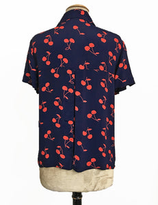 Navy & Red Cherry Print Retro Button Up Boyfriend Camp Shirt
