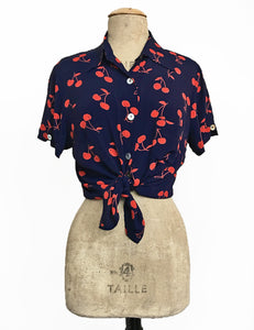Navy & Red Cherry Print Retro Button Up Boyfriend Camp Shirt