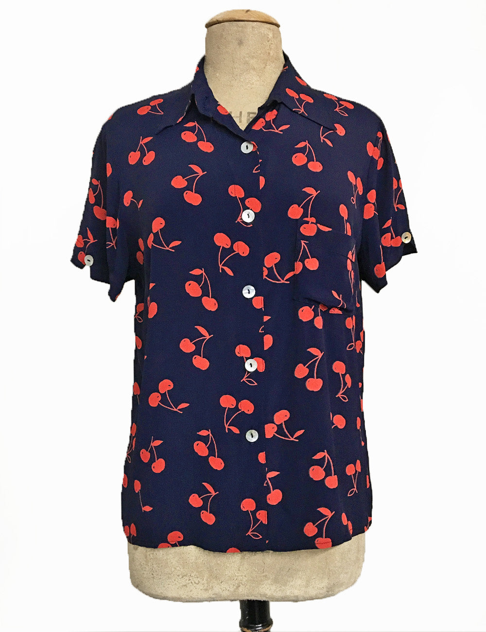 Navy & Red Cherry Print Retro Button Up Boyfriend Camp Shirt