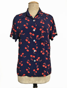 Navy & Red Cherry Print Retro Button Up Boyfriend Camp Shirt
