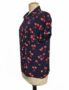 Navy & Red Cherry Print Retro Button Up Boyfriend Camp Shirt