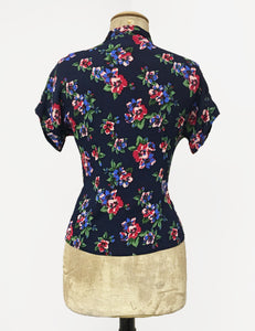 Navy Blue & Red Floral Print 1940s Style Amanda Tie Blouse - FINAL SALE