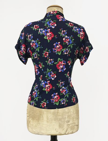 Navy Blue & Red Floral Print 1940s Style Amanda Tie Blouse - FINAL SALE