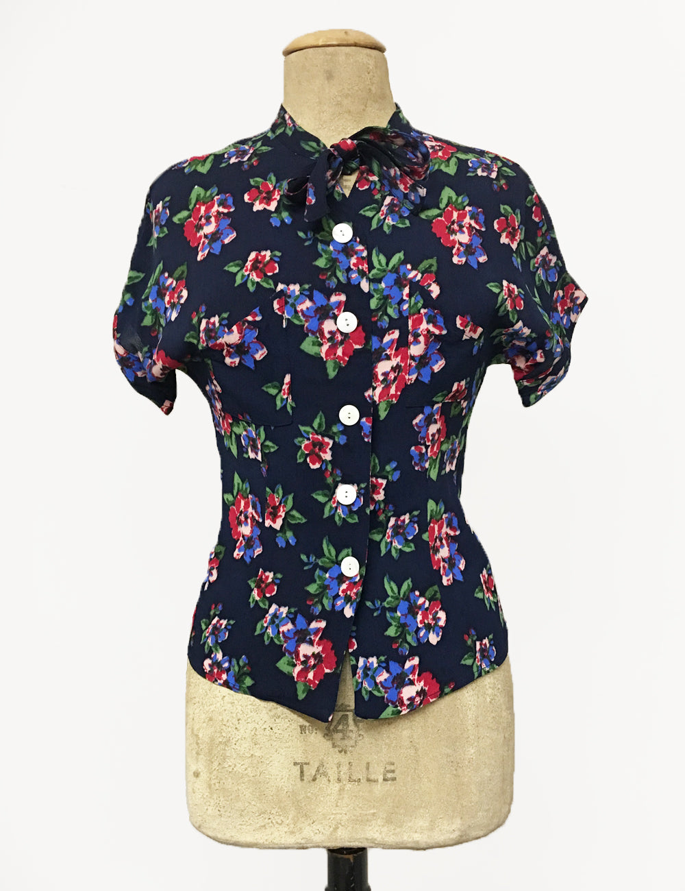 Navy Blue & Red Floral Print 1940s Style Amanda Tie Blouse - FINAL SALE