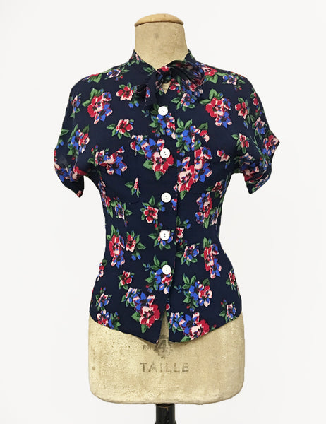 Navy Blue & Red Floral Print 1940s Style Amanda Tie Blouse - FINAL SALE