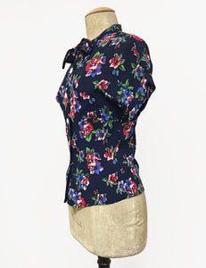 Navy Blue & Red Floral Print 1940s Style Amanda Tie Blouse - FINAL SALE
