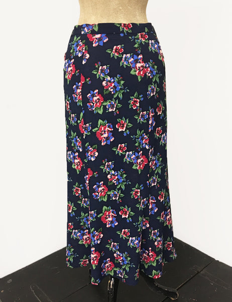 Navy Blue & Red Floral Print Button Front Jade Skirt - FINAL SALE