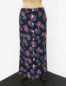 Navy Blue & Red Floral Print Button Front Jade Skirt - FINAL SALE
