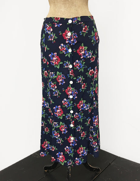 Navy Blue & Red Floral Print Button Front Jade Skirt - FINAL SALE