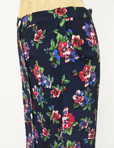 Navy Blue & Red Floral Print Button Front Jade Skirt - FINAL SALE