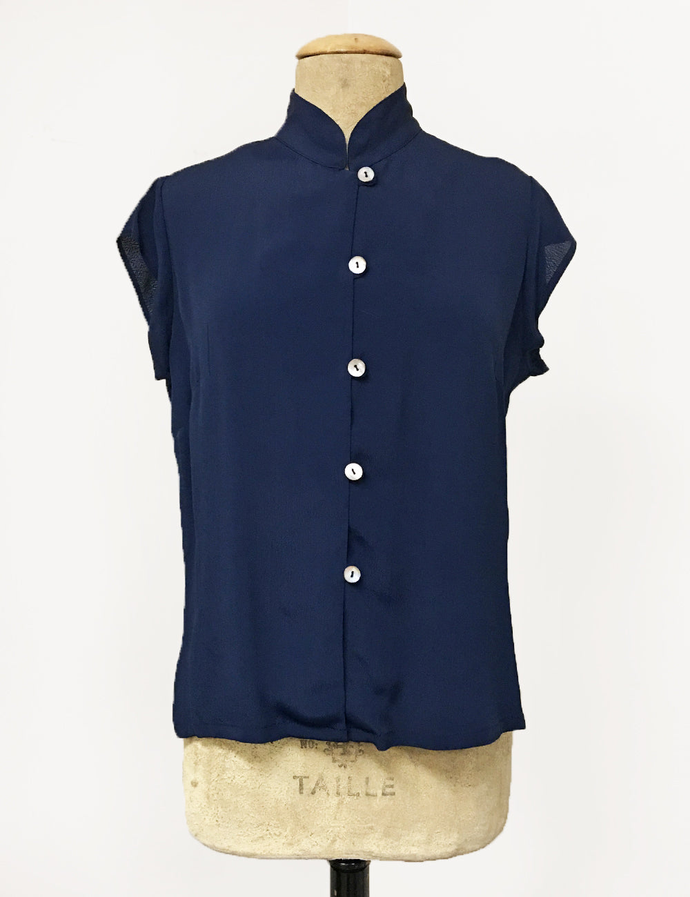 Navy Blue Vintage Inspired Mandarin Collar Tea Timer Top
