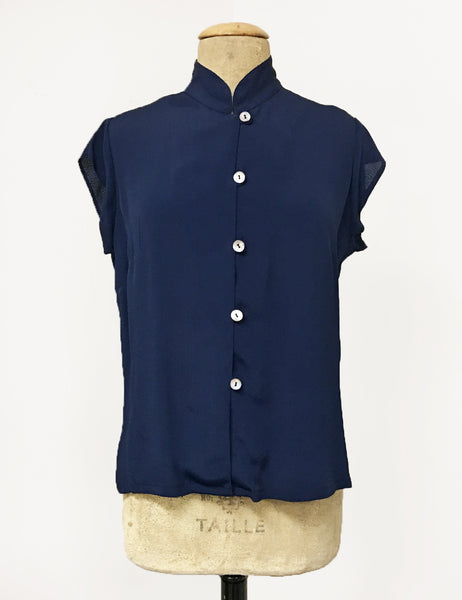 Navy Blue Vintage Inspired Mandarin Collar Tea Timer Top