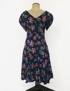 Navy Blue & Red Floral Print 1930s Venice Beach Balboa Swing Dress