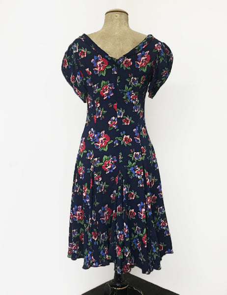 Navy Blue & Red Floral Print 1930s Venice Beach Balboa Swing Dress