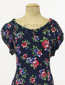 Navy Blue & Red Floral Print 1930s Venice Beach Balboa Swing Dress