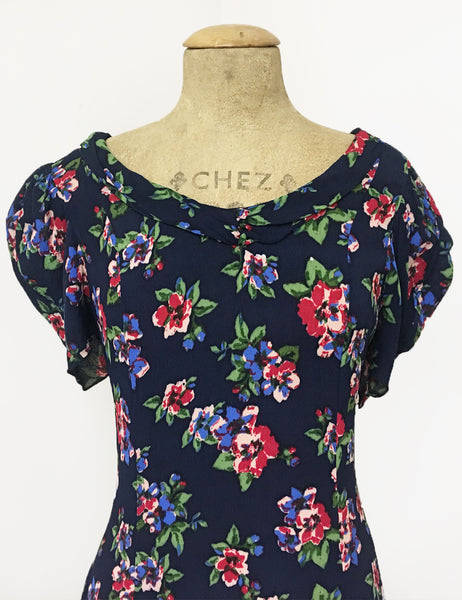 Navy Blue & Red Floral Print 1930s Venice Beach Balboa Swing Dress
