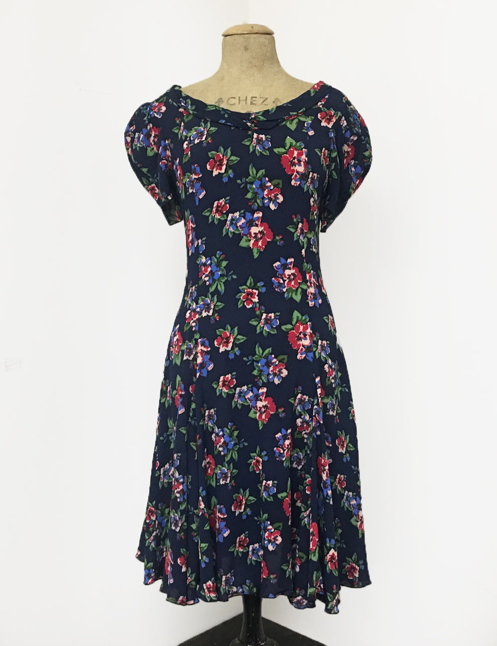 Navy Blue & Red Floral Print 1930s Venice Beach Balboa Swing Dress