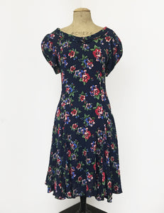 Navy Blue & Red Floral Print 1930s Venice Beach Balboa Swing Dress