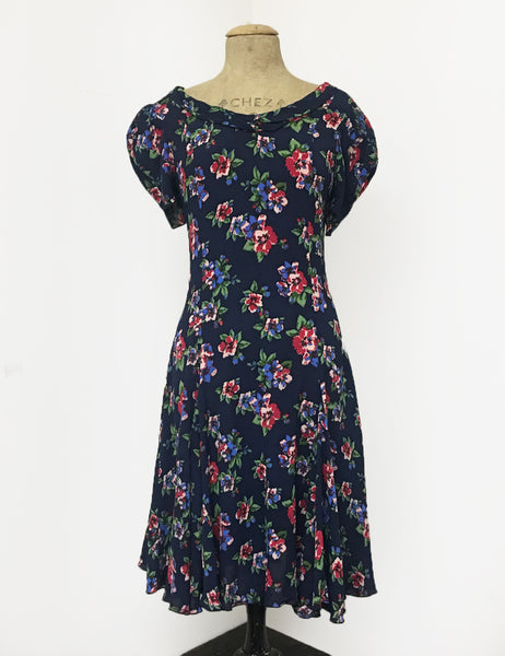 Navy Blue & Red Floral Print 1930s Venice Beach Balboa Swing Dress
