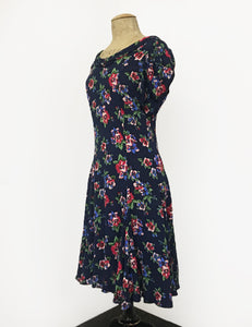 Navy Blue & Red Floral Print 1930s Venice Beach Balboa Swing Dress