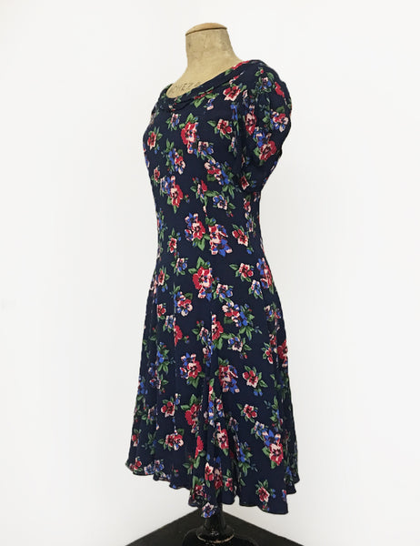 Navy Blue & Red Floral Print 1930s Venice Beach Balboa Swing Dress
