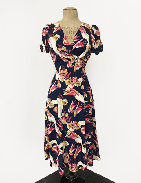 Navy Blue Swallow Print Vintage Inspired Knee Length Rita Dress