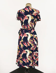Navy Vintage Swallow Print Biasa Sweetheart Wrap Dress