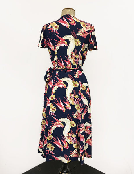 Navy Vintage Swallow Print Biasa Sweetheart Wrap Dress