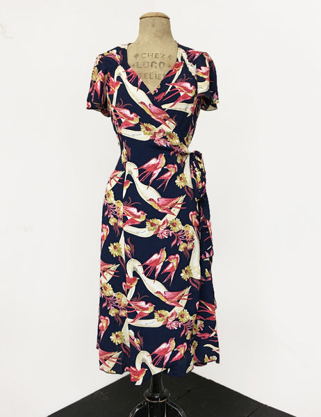 Navy Vintage Swallow Print Biasa Sweetheart Wrap Dress