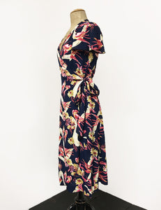 Navy Vintage Swallow Print Biasa Sweetheart Wrap Dress