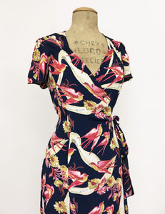 Navy Vintage Swallow Print Biasa Sweetheart Wrap Dress