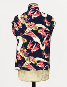 Navy & Pink Vintage Swallow Print Button Up Mandarin Collar Tea Timer Top