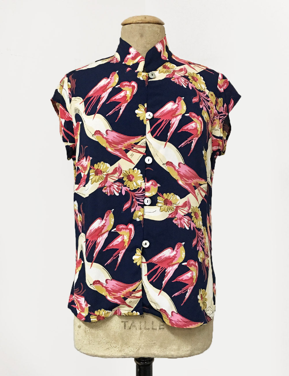 Navy & Pink Vintage Swallow Print Button Up Mandarin Collar Tea Timer Top