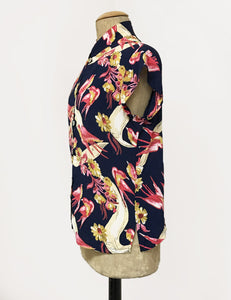 Navy & Pink Vintage Swallow Print Button Up Mandarin Collar Tea Timer Top