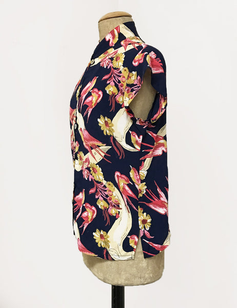 Navy & Pink Vintage Swallow Print Button Up Mandarin Collar Tea Timer Top