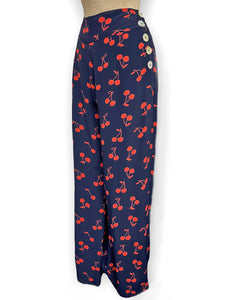 FINAL SALE  - Navy & Red Cherry Print High Waisted Palazzo Pants