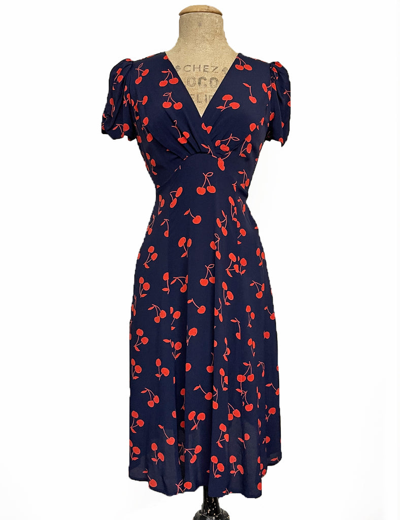 Navy & Red Cherry Print Vintage Inspired Rita Dress – Loco Lindo