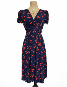 Navy & Red Cherry Print Vintage Inspired Rita Dress