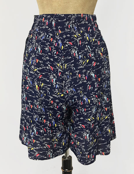 Retro Nautical Navy Sailboat Print High Waisted Shorts - FINAL SALE