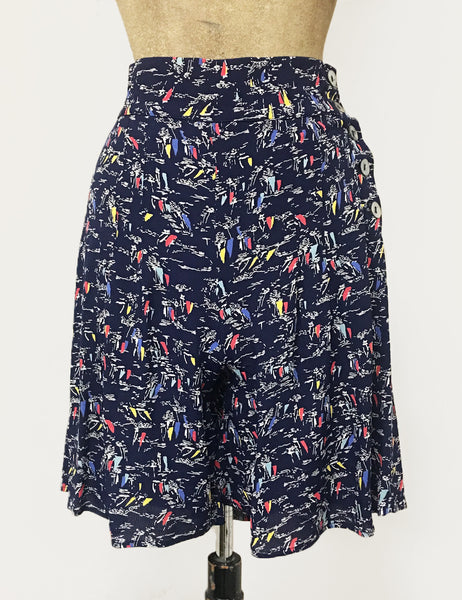Retro Nautical Navy Sailboat Print High Waisted Shorts - FINAL SALE