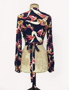 Navy & Pink Swallow Print Vintage Style Drama Sleeve Babaloo Tie Crop Top