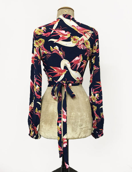 Navy & Pink Swallow Print Vintage Style Drama Sleeve Babaloo Tie Crop Top