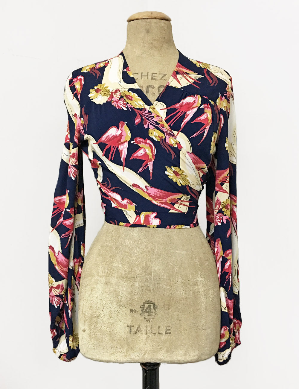 Navy & Pink Swallow Print Vintage Style Drama Sleeve Babaloo Tie Crop Top