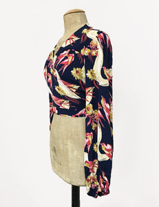 Navy & Pink Swallow Print Vintage Style Drama Sleeve Babaloo Tie Crop Top